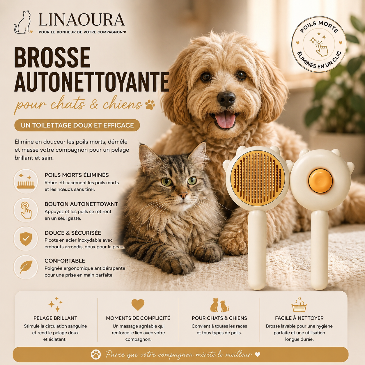 Brosse Anti-Poils pour Chien et Chat - Retire les Poils sur Canapé et Tapis