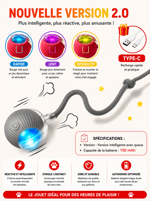 Balle Interactive Automatique pour Chat - Queue Factice, Rechargeable