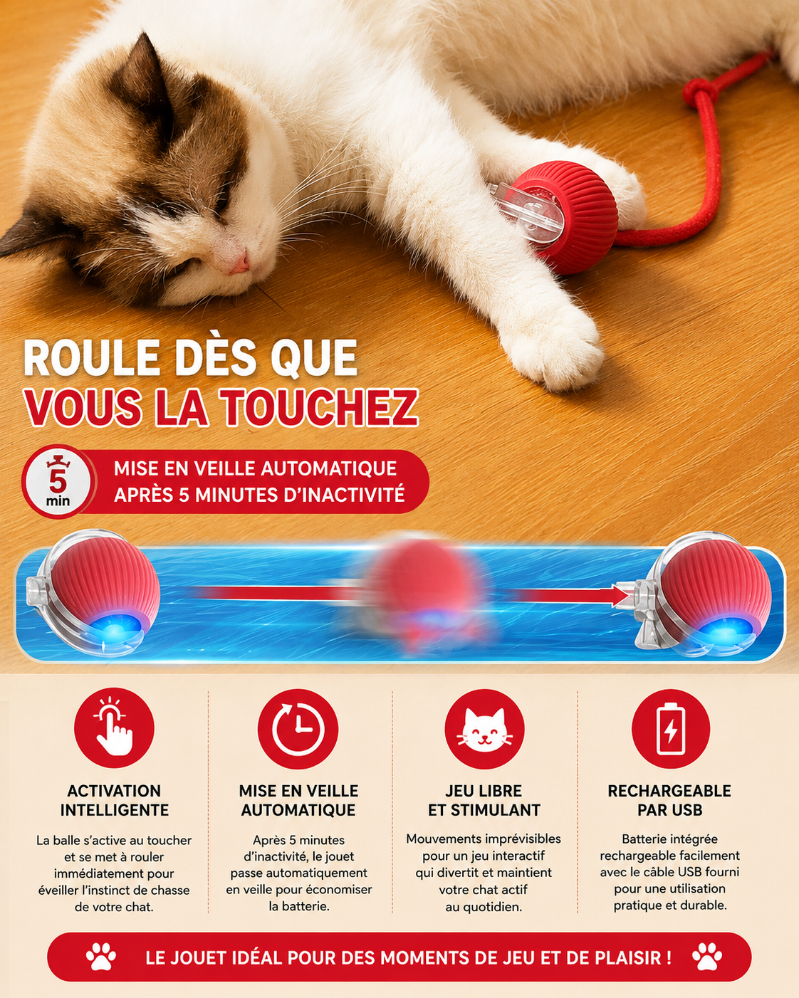 Balle Interactive Automatique pour Chat - Queue Factice, Rechargeable