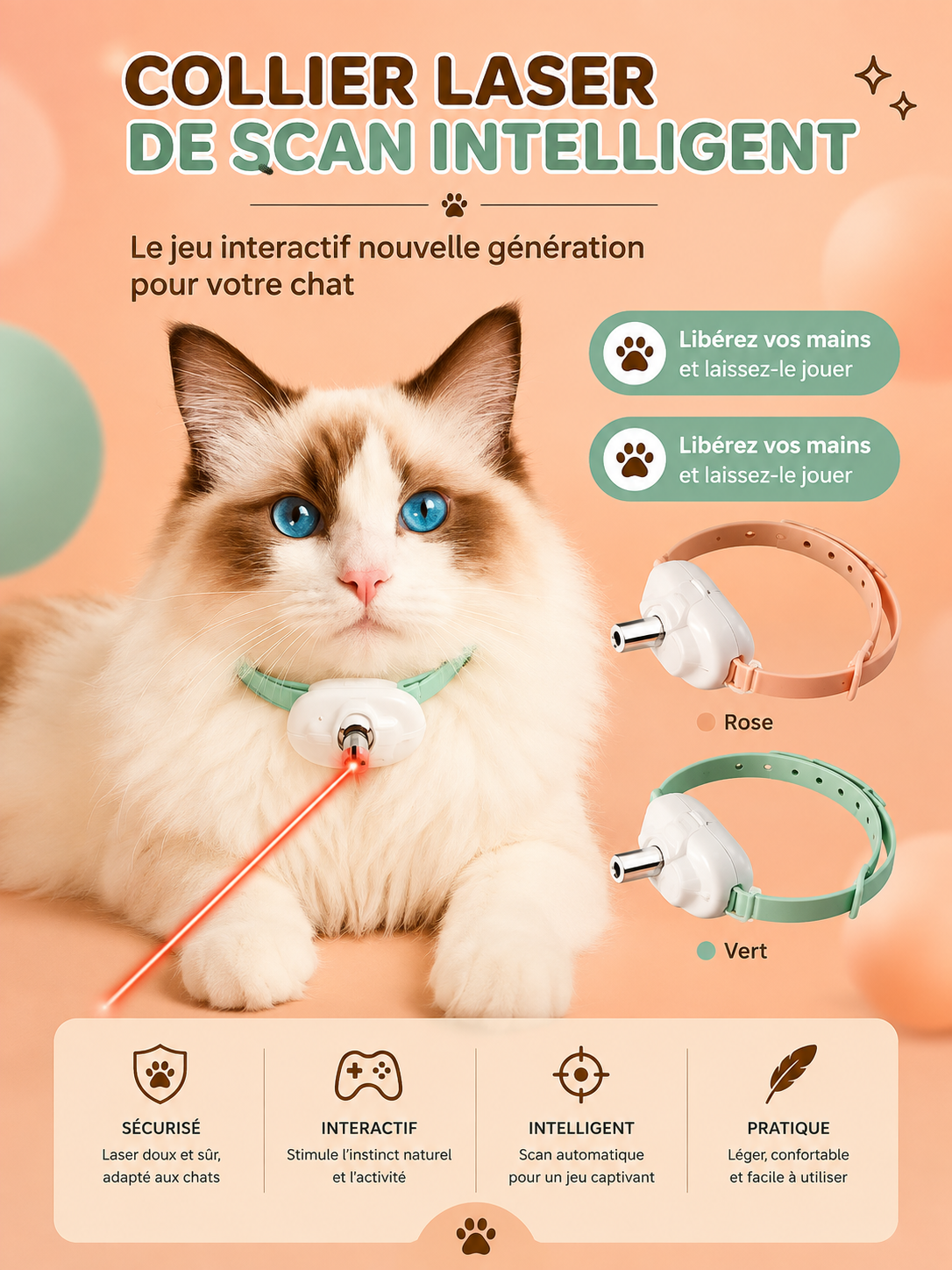 Collier Laser Interactif pour Chat - Rechargeable, Anti-Anxiété