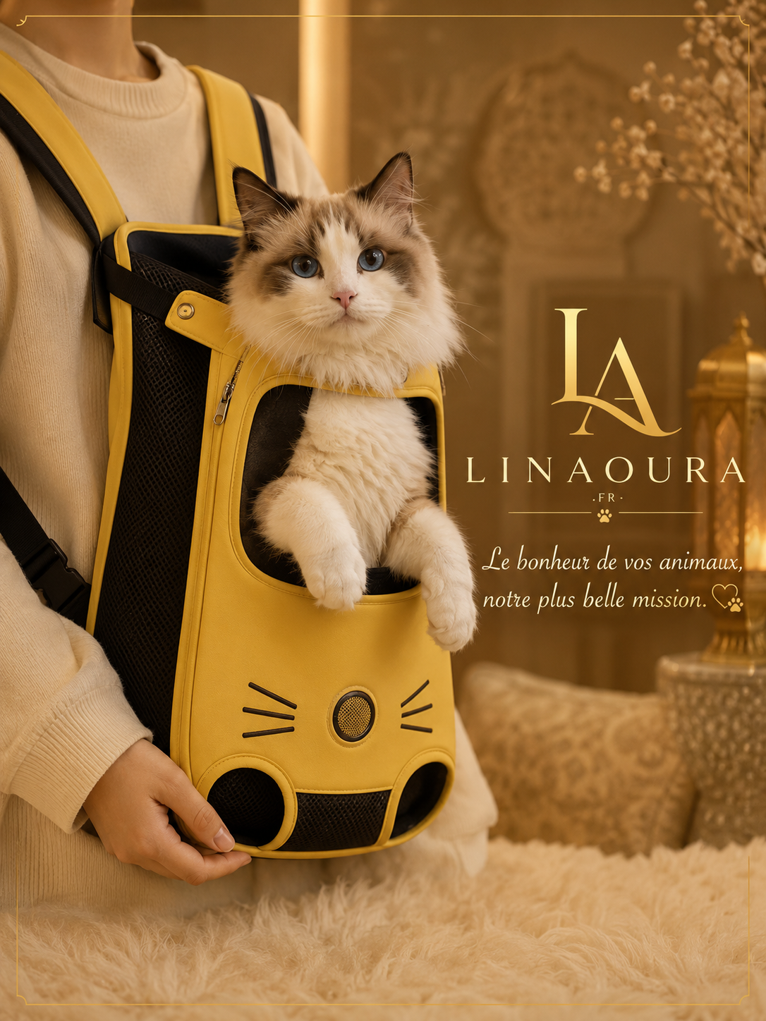 Sac à dos transport pour chat Linaoura Maison, coloris jaune, avec chat installé confortablement