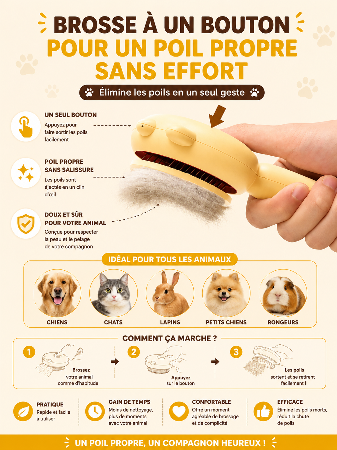 Brosse Anti-Poils pour Chien et Chat - Retire les Poils sur Canapé et Tapis