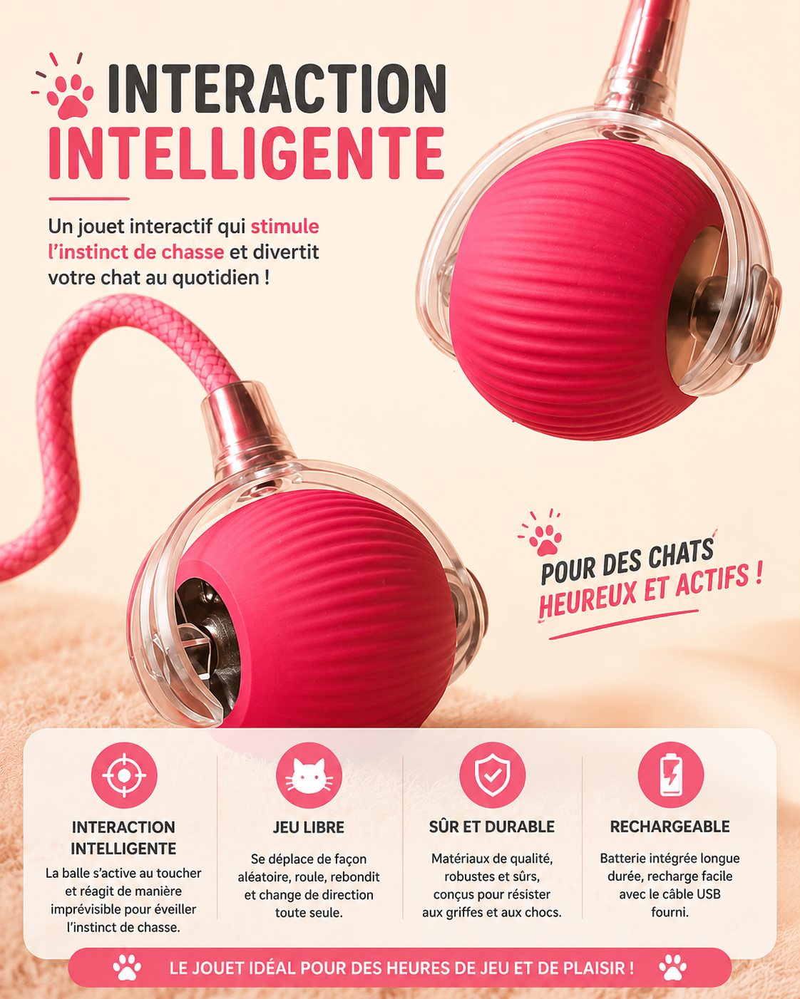 Balle Interactive Automatique pour Chat - Queue Factice, Rechargeable