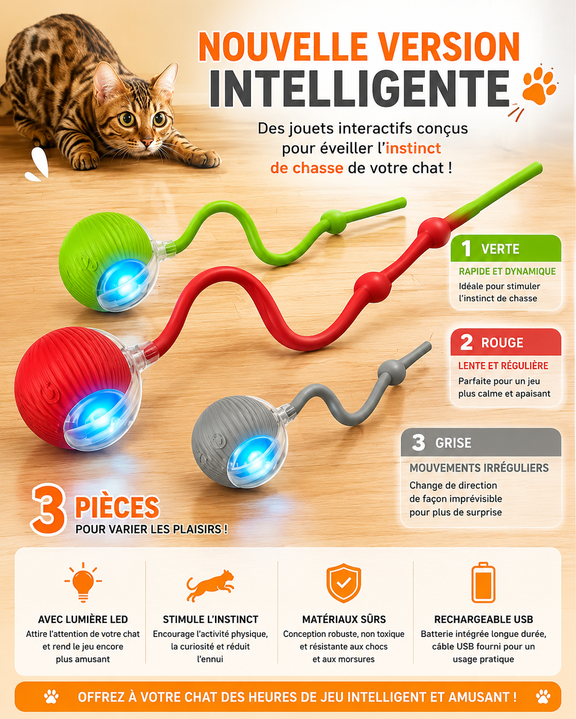 Balle Interactive Automatique pour Chat - Queue Factice, Rechargeable