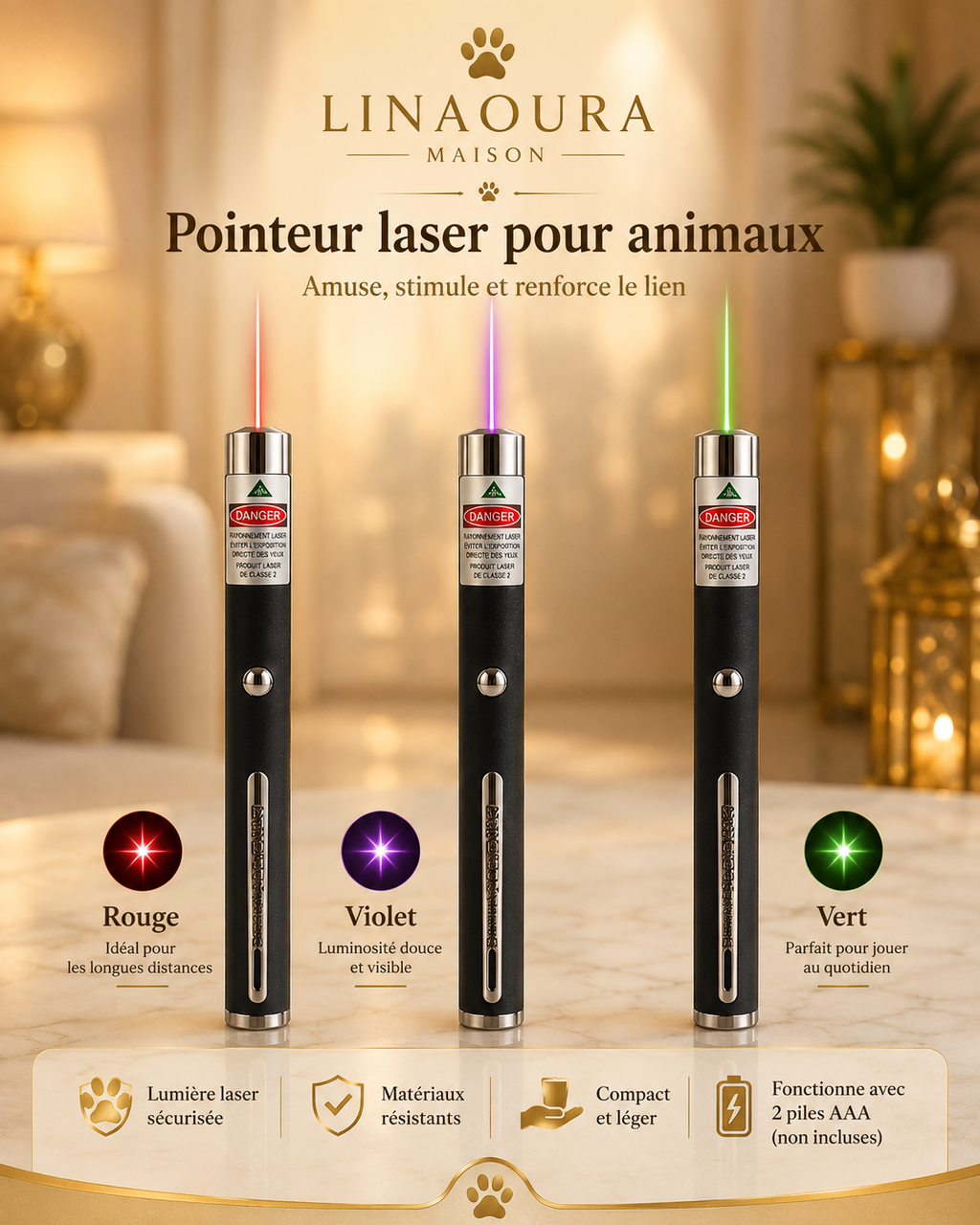 Pointeur Laser LED pour Chat, Rouge/Violet/Vert