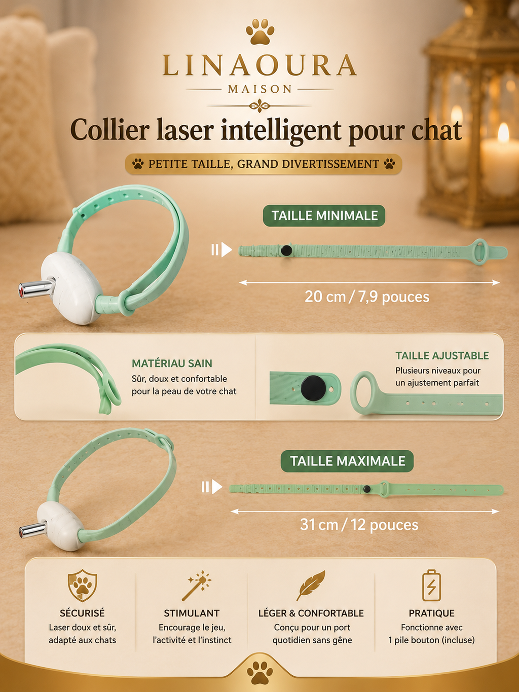 Collier Laser Interactif pour Chat - Rechargeable, Anti-Anxiété