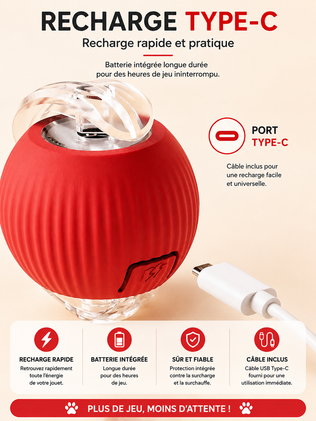 Balle Interactive Automatique pour Chat - Queue Factice, Rechargeable