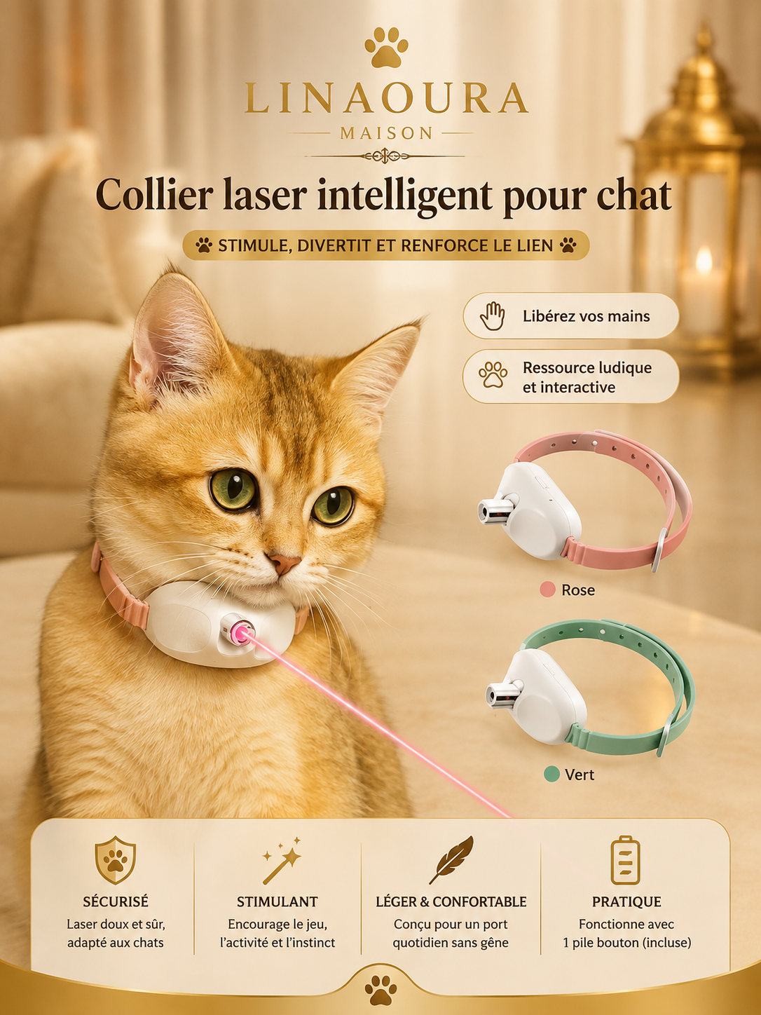 Collier Laser Interactif pour Chat - Rechargeable, Anti-Anxiété