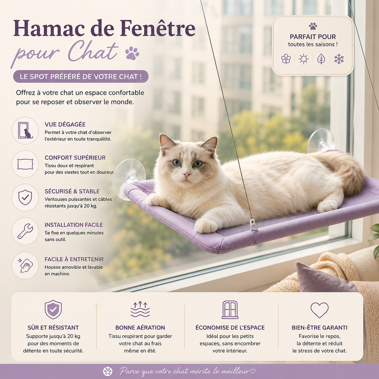 🐱 Hamac Suspendu Premium pour Chat – Le Coin de Repos Préféré de Votre Félin