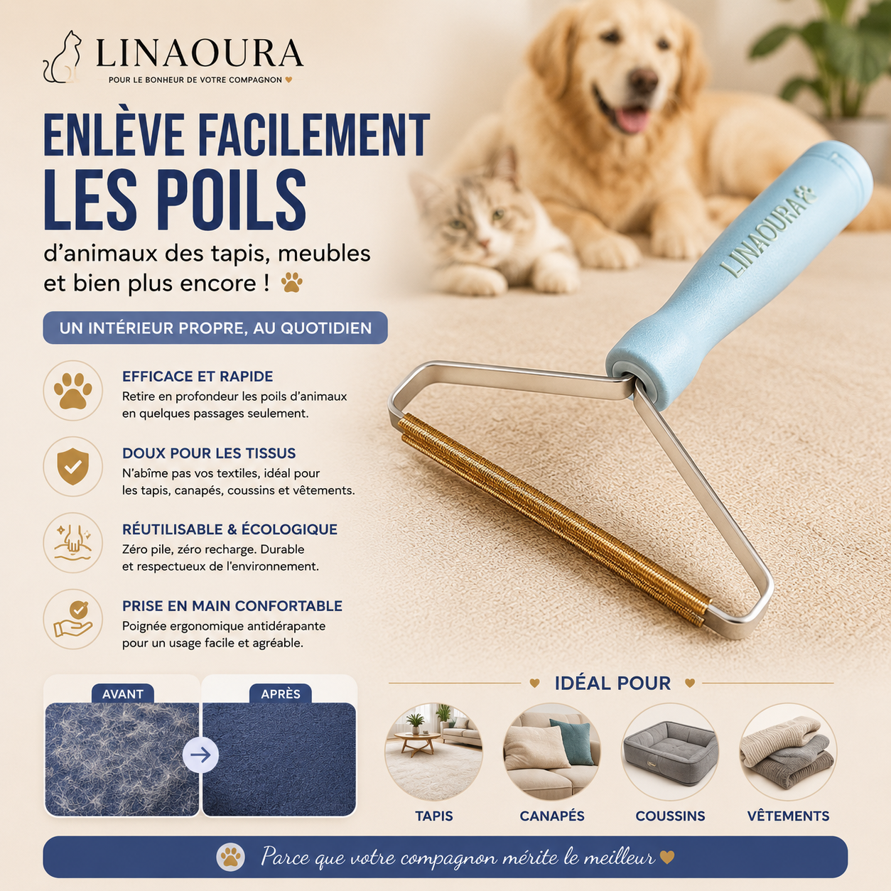 Éliminateur de Poils Réutilisable pour Chiens & Chats – Brosse Anti-Poils Efficace