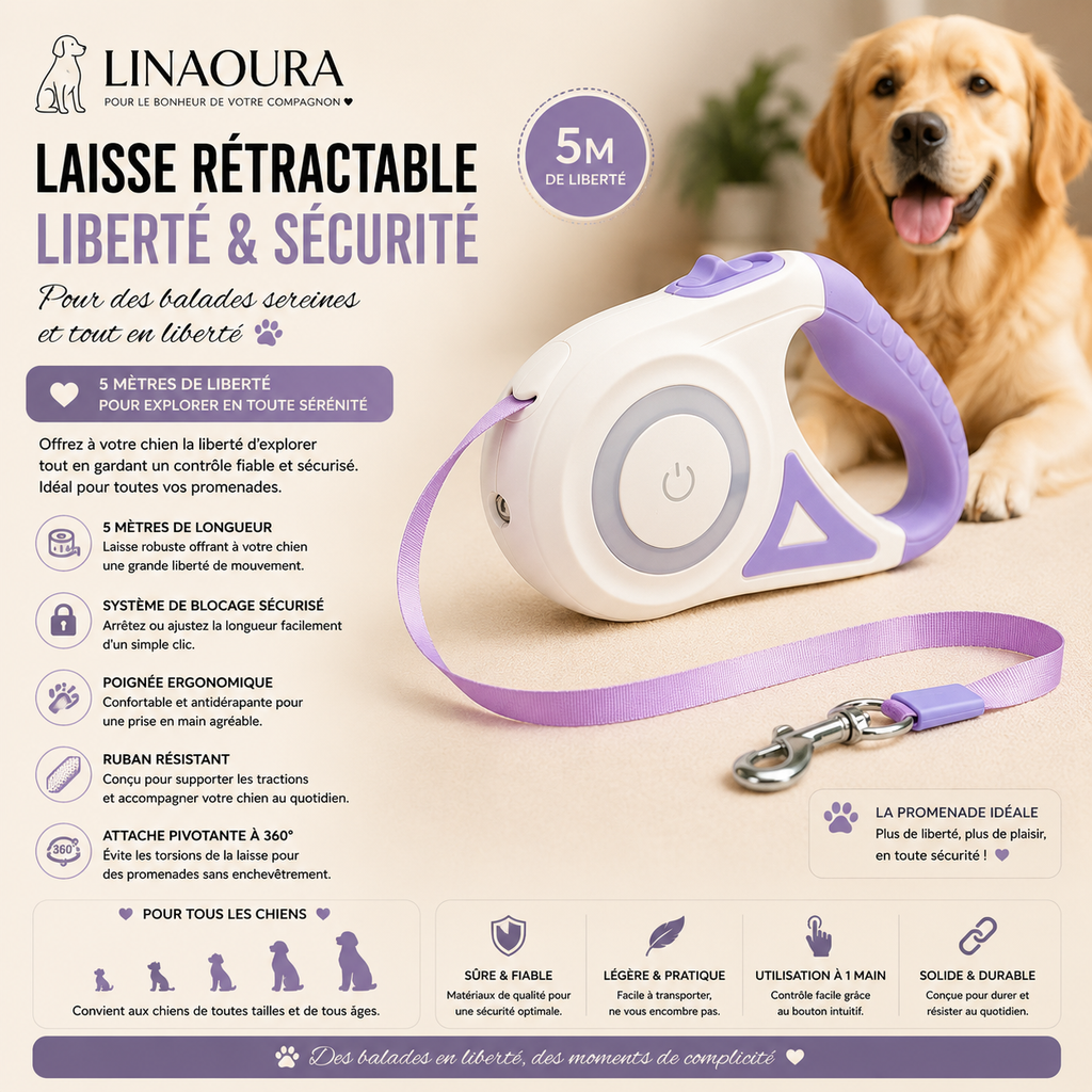 Laisse Rétractable LED Premium pour Chien – 3 ou 5 m | Sécurité & Confort