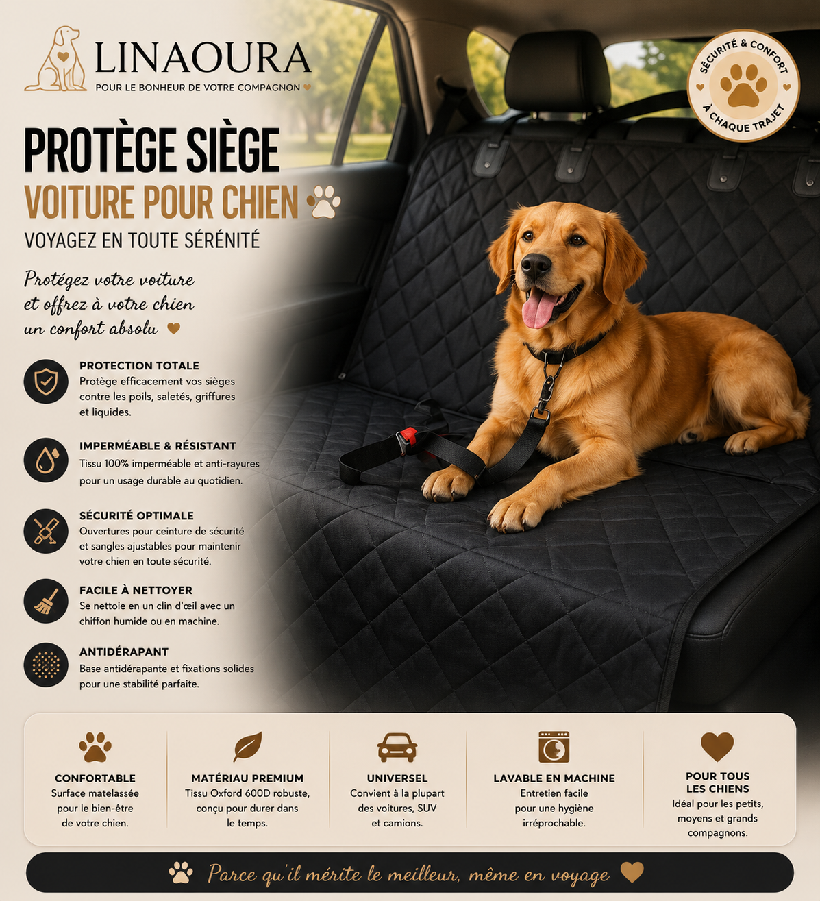 Housse de Protection Imperméable pour Siège Arrière de Voiture – Chien & Chat