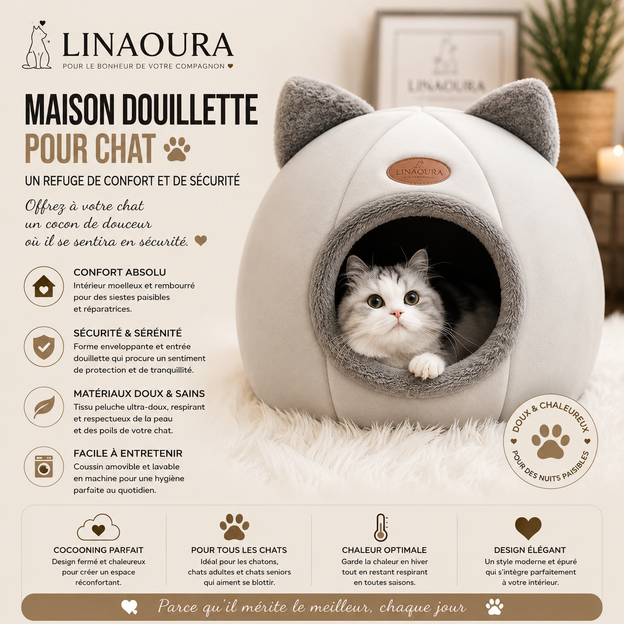 Panier Lit Douillet pour Chat – Confort Moelleux & Sommeil Paisible