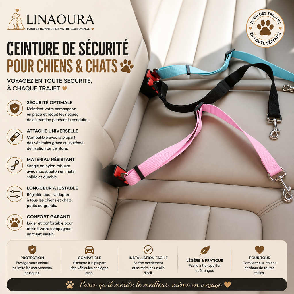 🐶 Ceinture de Sécurité Réglable pour Chien – Voyage en Toute Sérénité