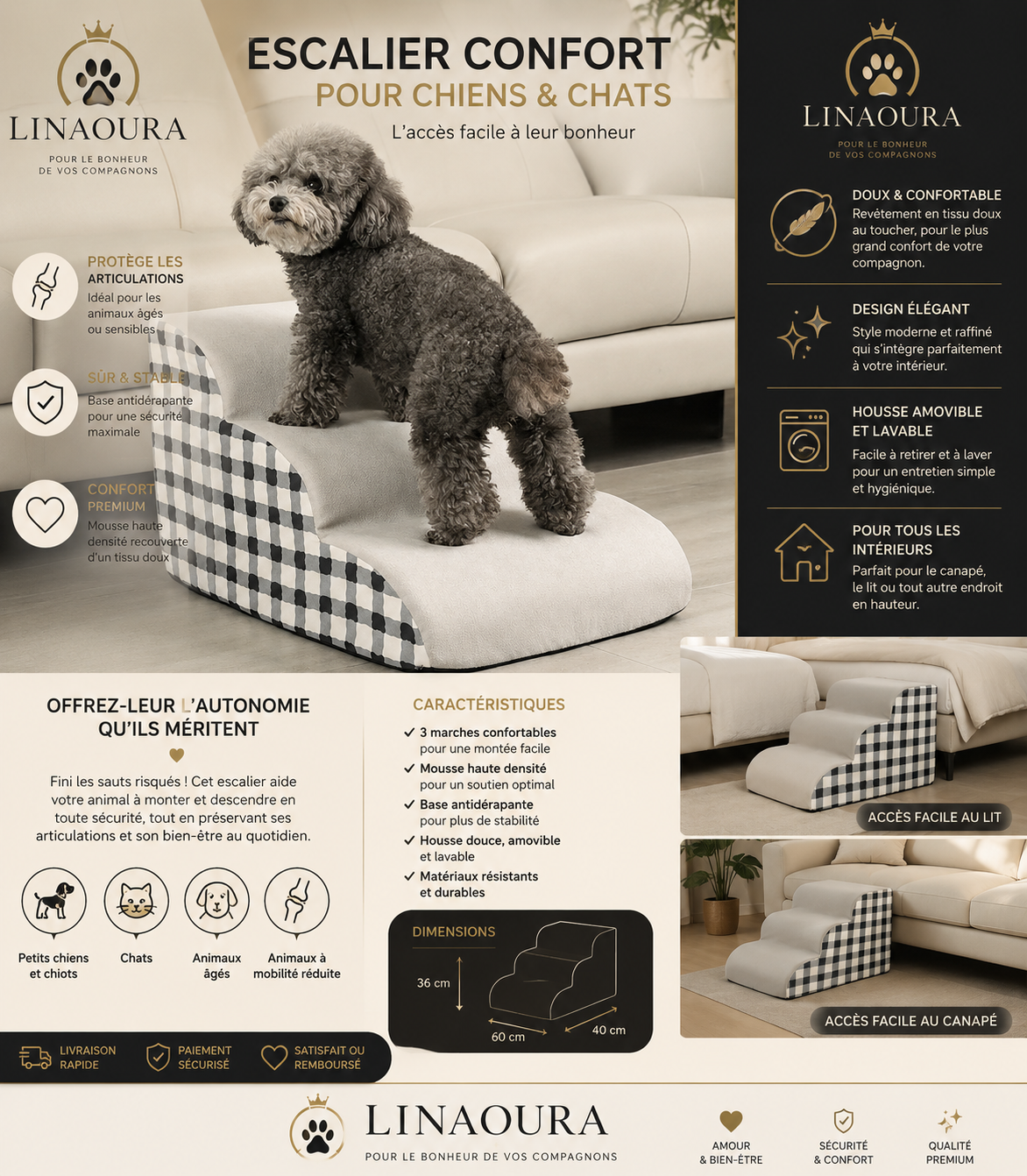 Escalier pour Chien & Chat – Mousse Haute Densité, Antidérapant, 2/3 Marches