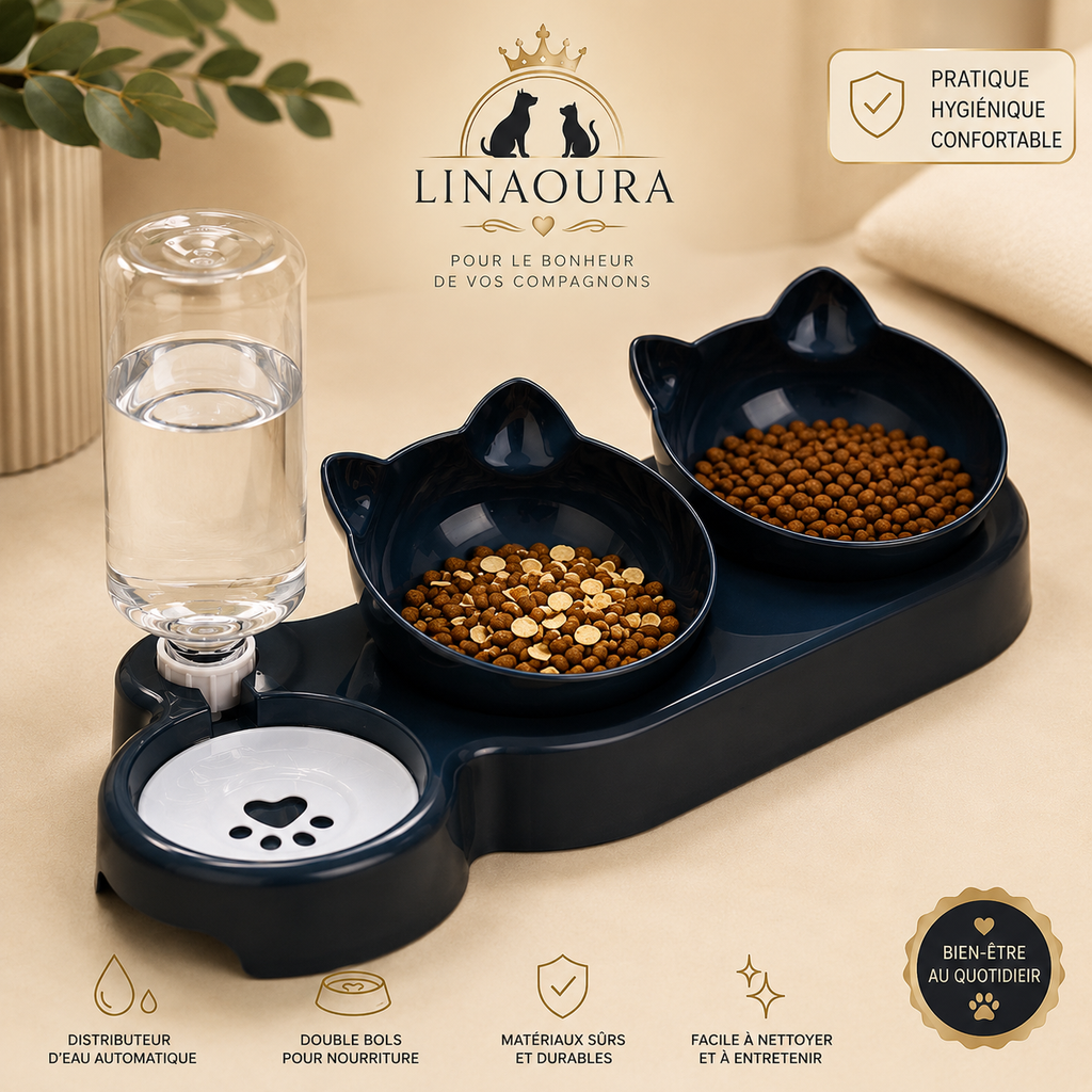 🐱 Gamelle Double avec Distributeur d'Eau – Design Oreilles de Chat, Anti-Reflux