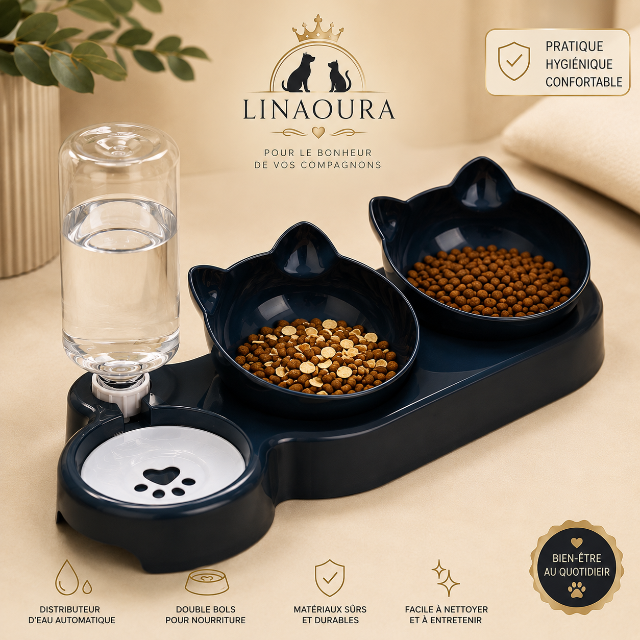 🐱 Gamelle Double avec Distributeur d'Eau – Design Oreilles de Chat, Anti-Reflux