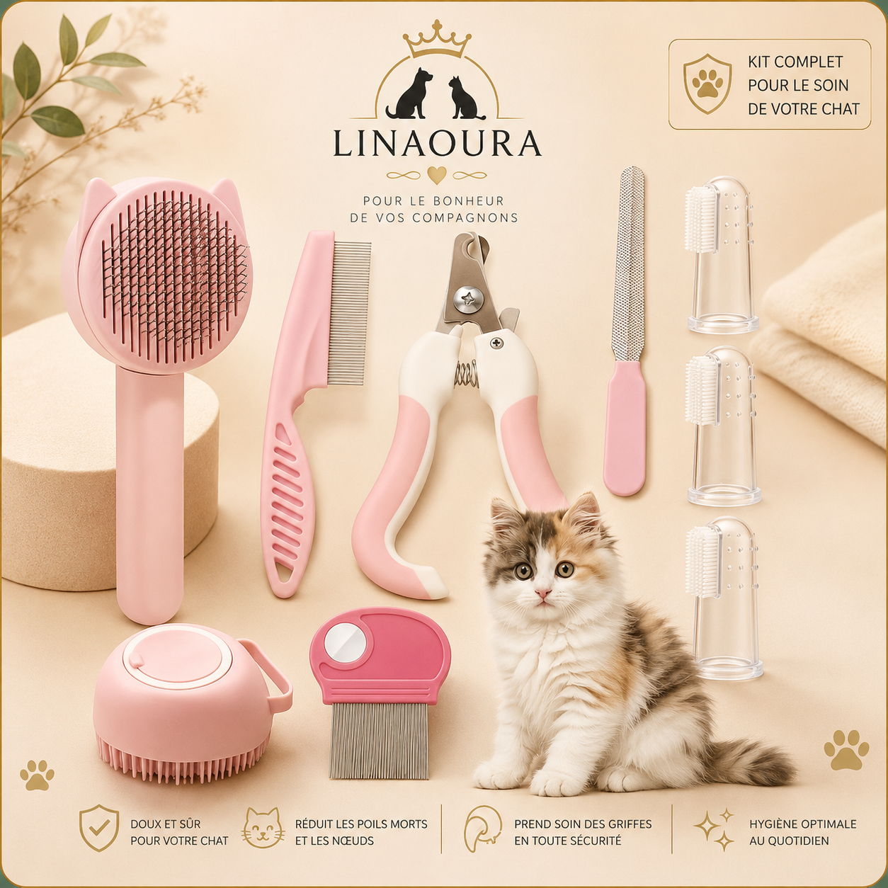 🐱 Kit Toilettage Chat 8 en 1 – Brosse, Peigne, Coupe-Griffes & Brosse de Bain
