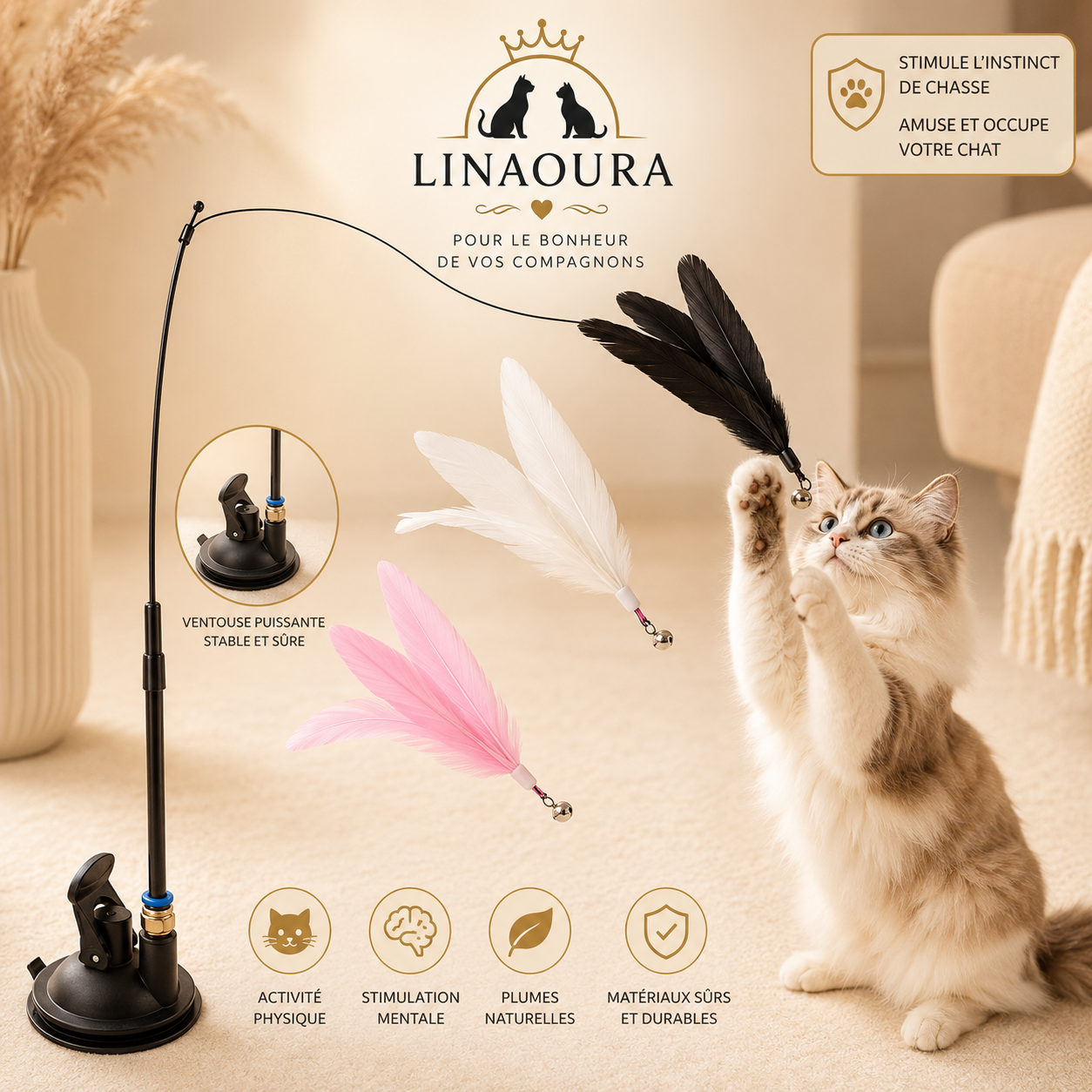 🐈 Canne à Pêche pour Chat avec Ventouse – Jouet Interactif Plume & Grelot