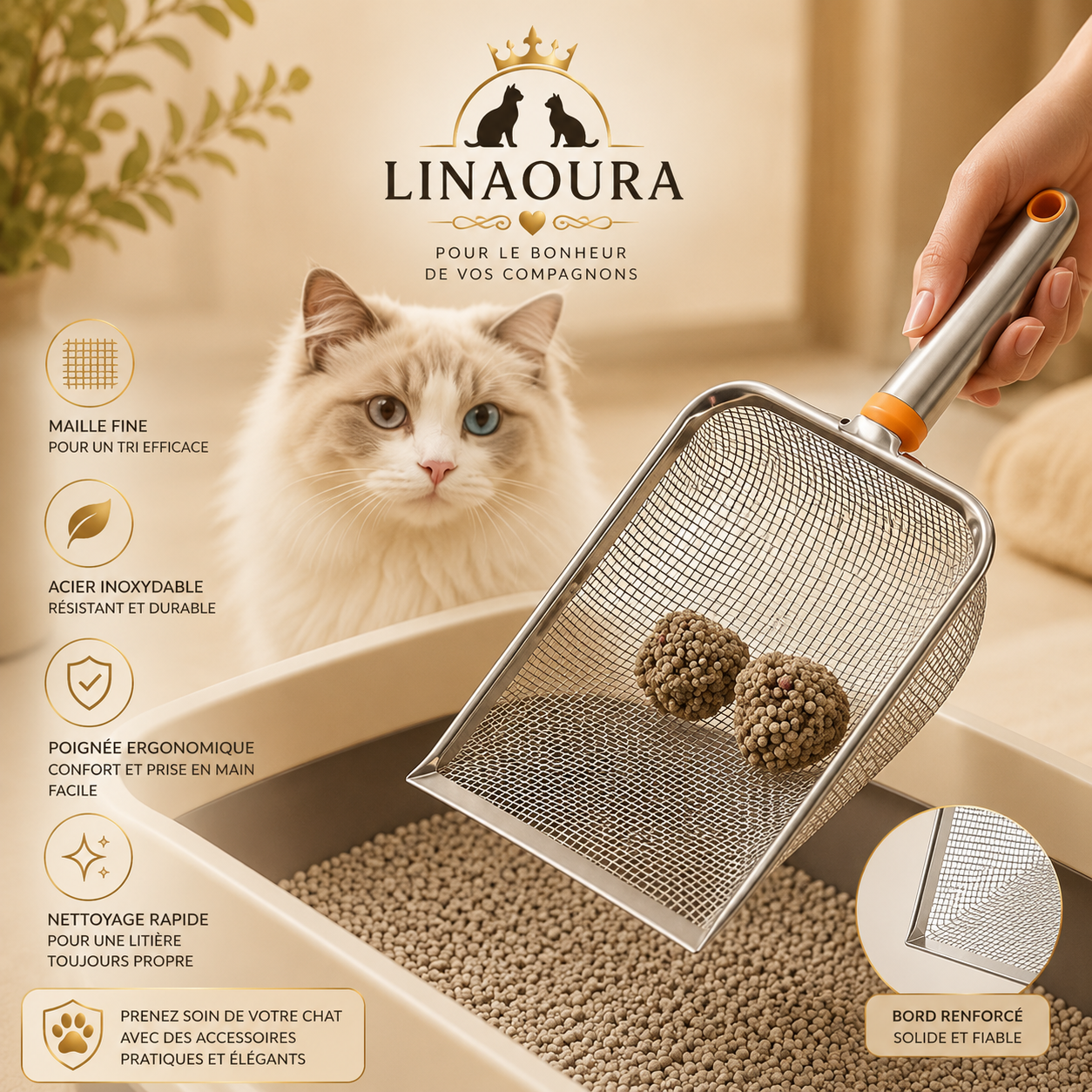 Pelle a litiere pour chat en acier inoxydable
