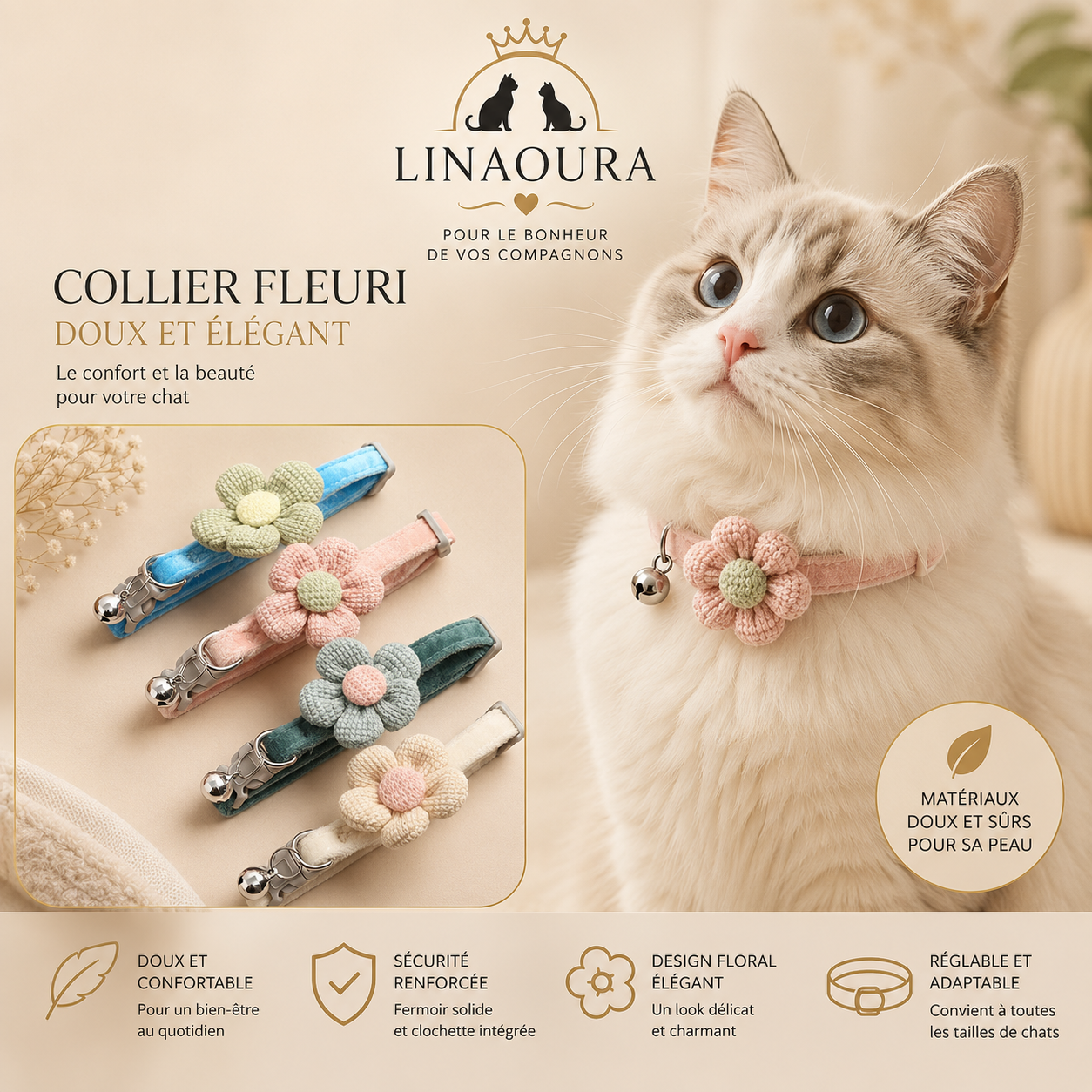 🌼 Collier Fleur pour Chat avec Clochette – Réglable & Sécurisé