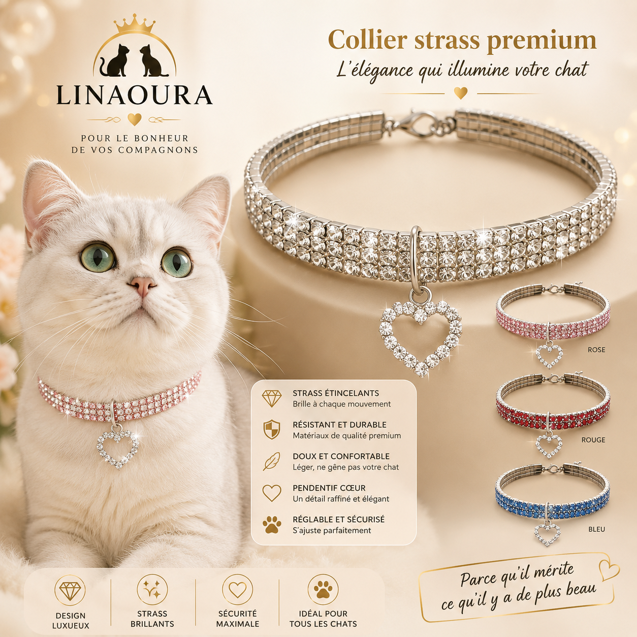 💎 Collier Strass Premium pour Chat & Chien – 3 Rangs avec Pendentif Cœur