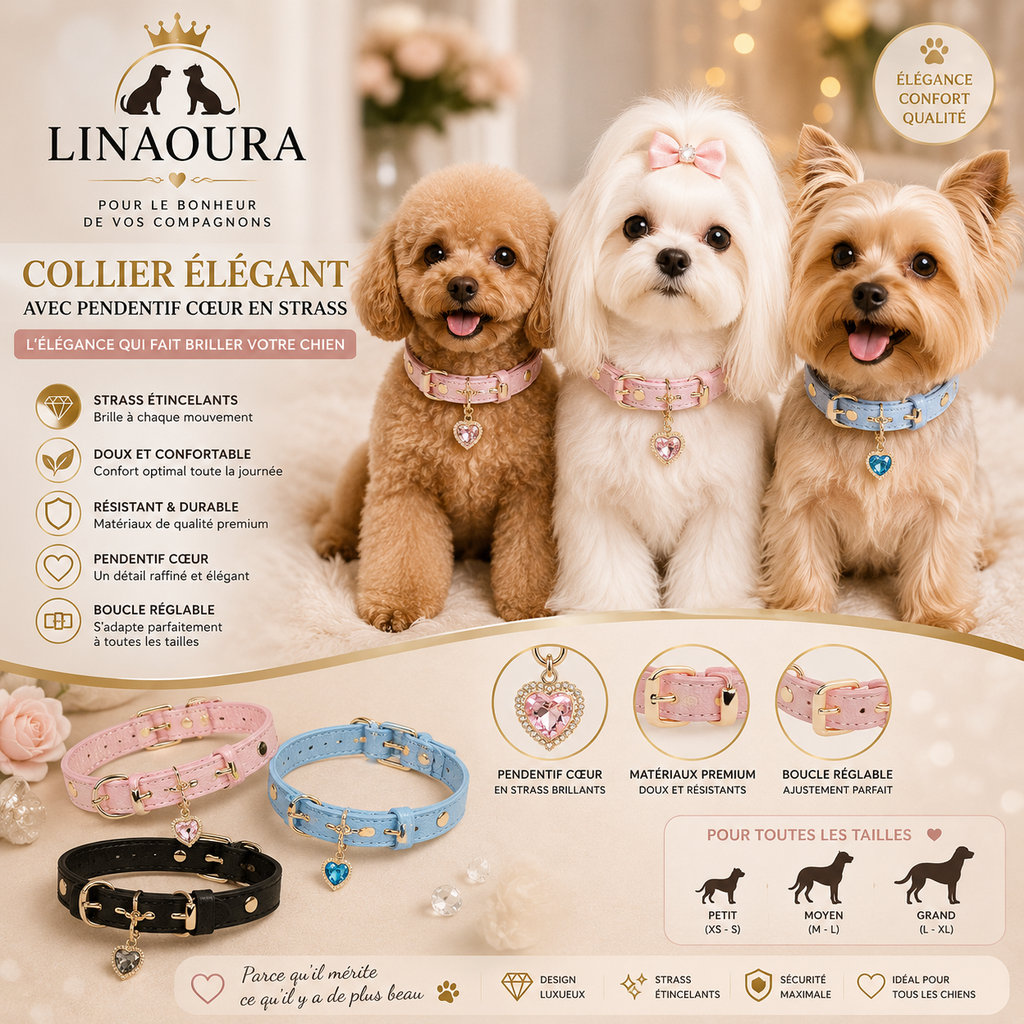 💖 Collier Cuir Strass pour Chien – Pendentif Cœur, Confortable & Réglable