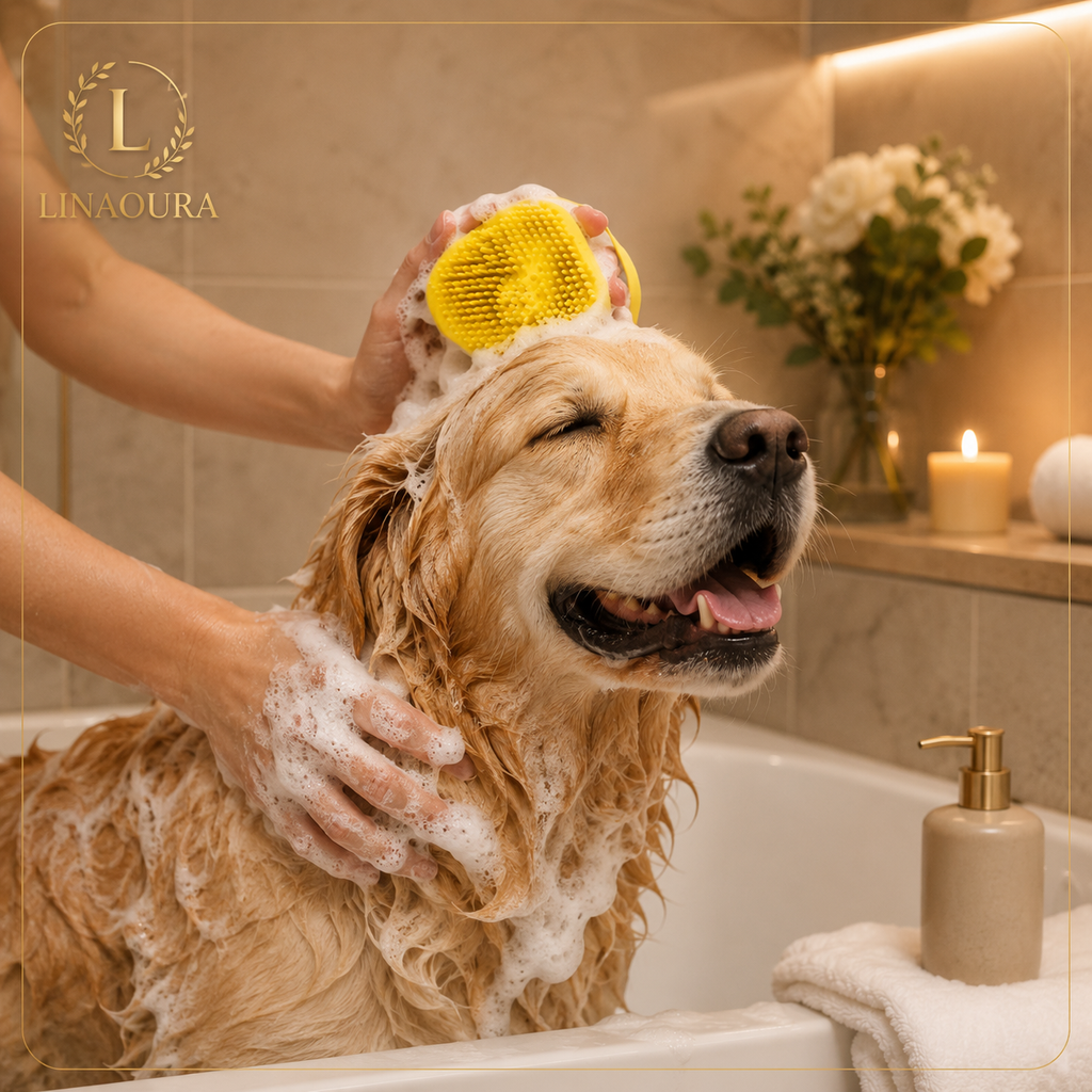 🧼 Brosse de Bain en Silicone pour Chien & Chat – Diffuseur de Shampooing Intégré