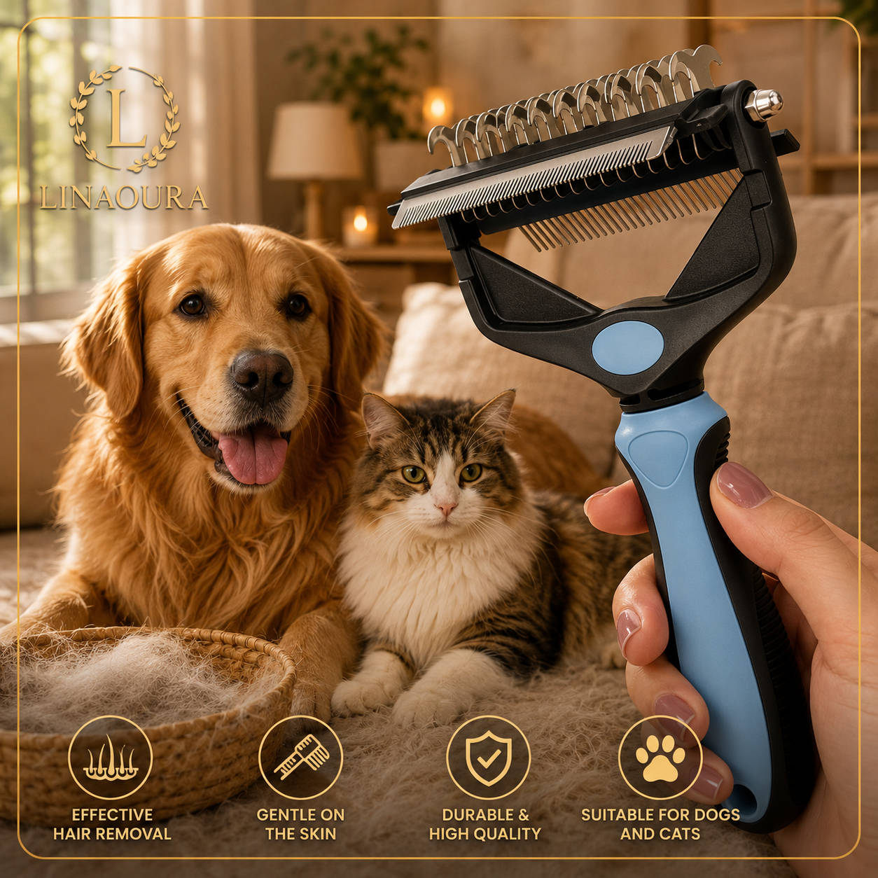 Brosse Démêlante 3 en 1 pour Chien et Chat - Anti-Nœuds et Anti-Poils Morts
