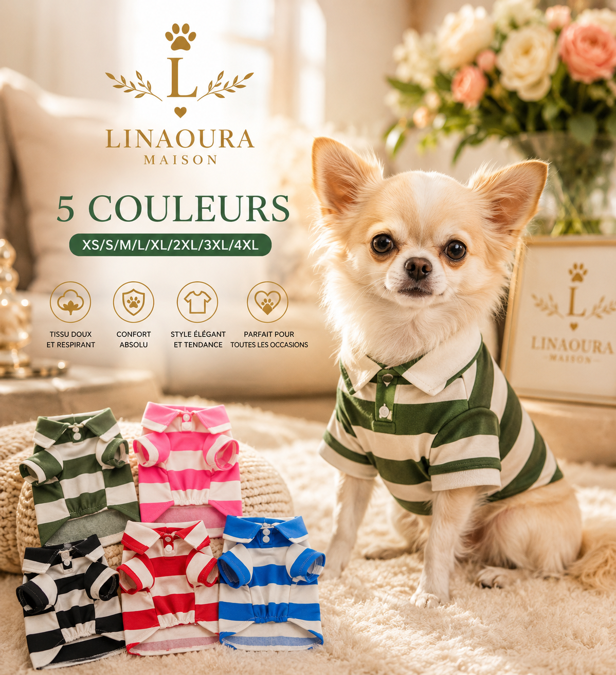 Polo Chic pour Chien - Vêtement Décontracté Été, Petites et Grandes Races