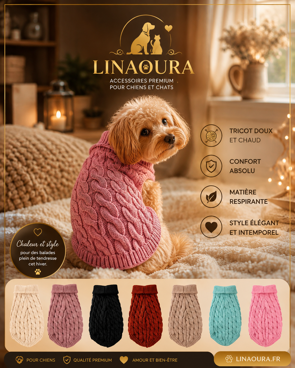 Pull Torsadé pour Chien - Tricot Chaud Automne/Hiver