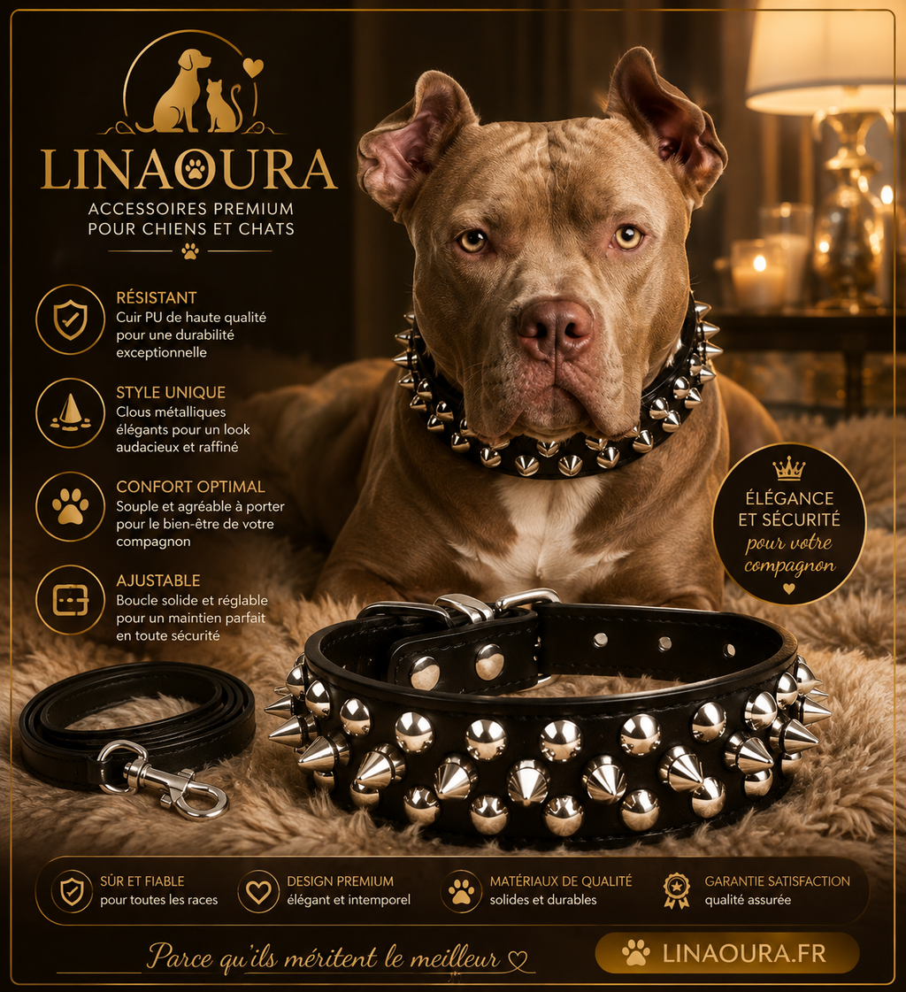 Ensemble Collier et Laisse Cloutés pour Chien - Cuir Réglable