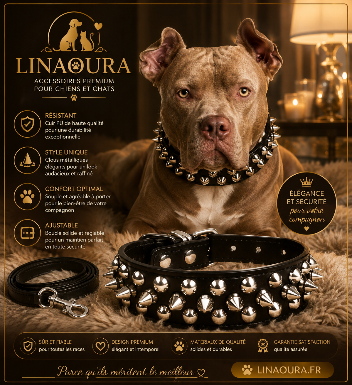 Ensemble Collier et Laisse Cloutés pour Chien - Cuir Réglable