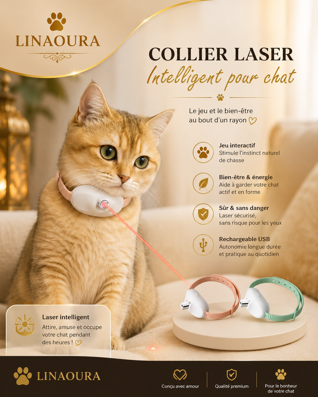 Collier Laser Interactif pour Chat - Rechargeable, Anti-Anxiété