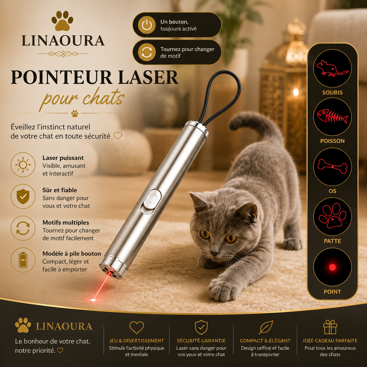 Stylo Laser Chat Multi-Motifs - Jouet Interactif Infrarouge
