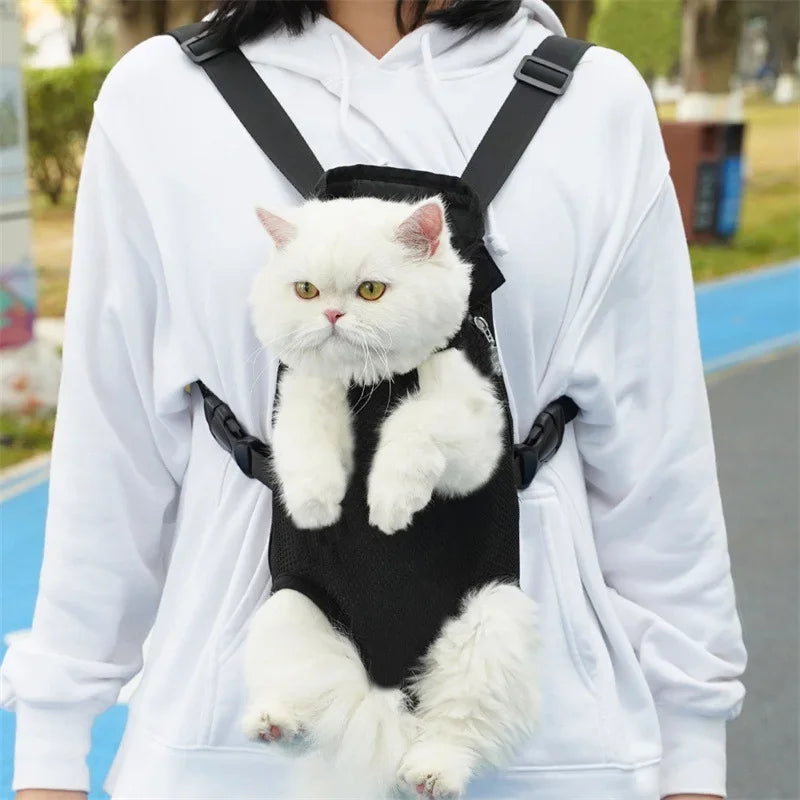 Sac à dos de transport pour chat porté par son maître, position avant, marque Linaoura Maison