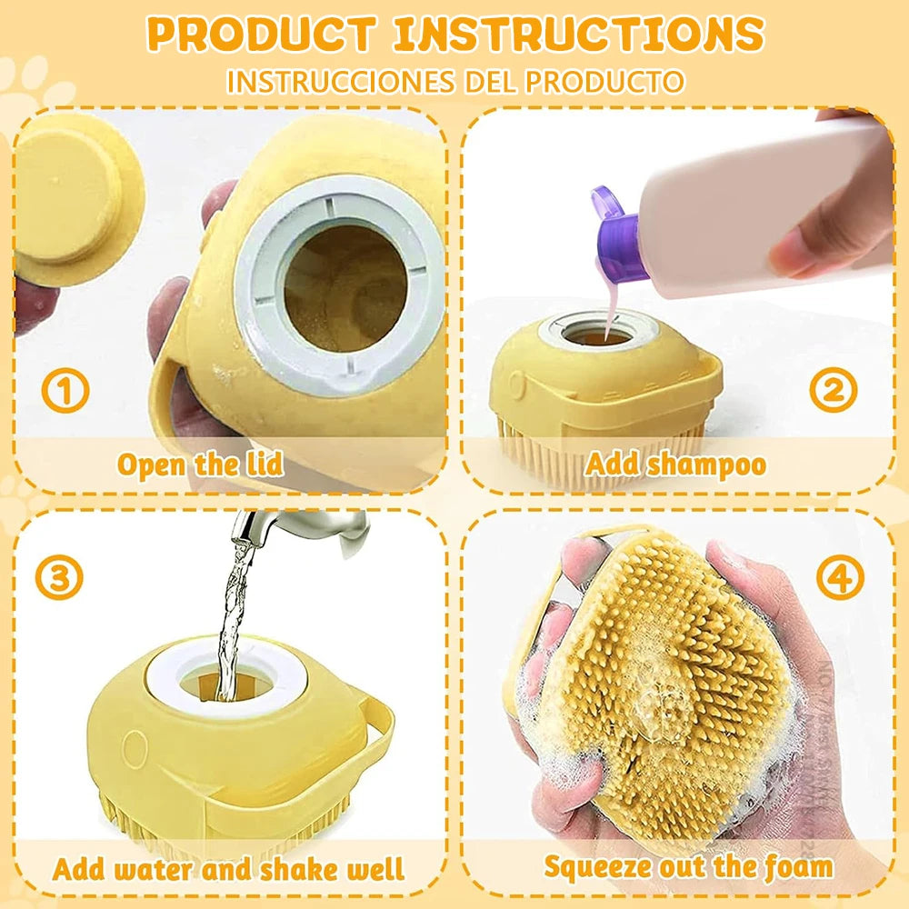 🧼 Brosse de Bain en Silicone pour Chien & Chat – Diffuseur de Shampooing Intégré