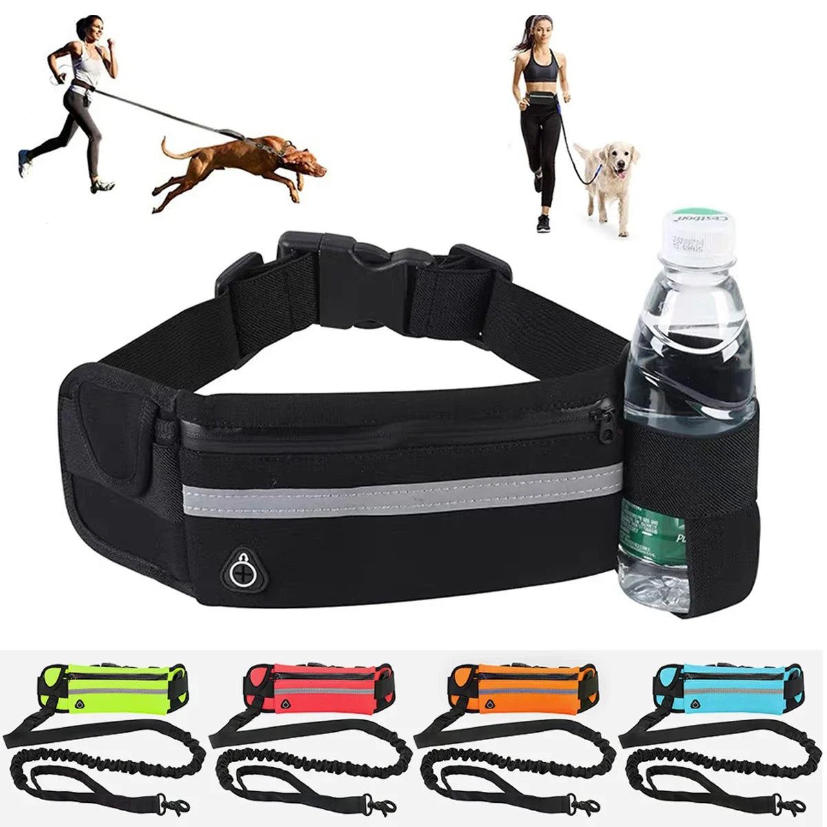 🏃 Laisse Chien Ceinture avec Sac Banane – Rétractable, Réfléchissante & Élastique