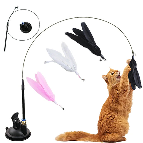 Canne a peche pour chat avec ventouse et plume