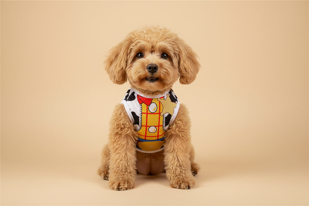 Chien Woody fond beige