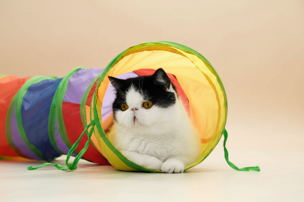 Tunnel chat noir blanc fond beige